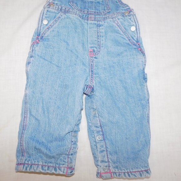 The Childrens Place Girl 6-9 Months Denim Pink Fleece Lined Carpenter Overalls - Picture 4 of 10